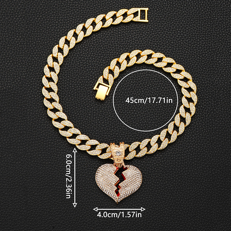 Wholesale Full Diamond Broken Heart Pendant Hip Hop Alloy Necklace
